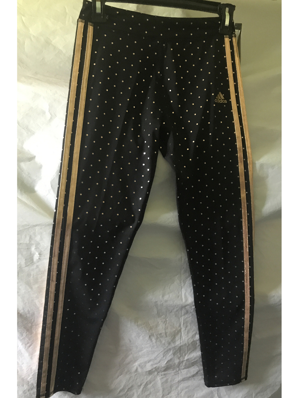 adidas Girls Legging. Black With Gold Stripes & Dots. Climalite. Size L(14). NWT